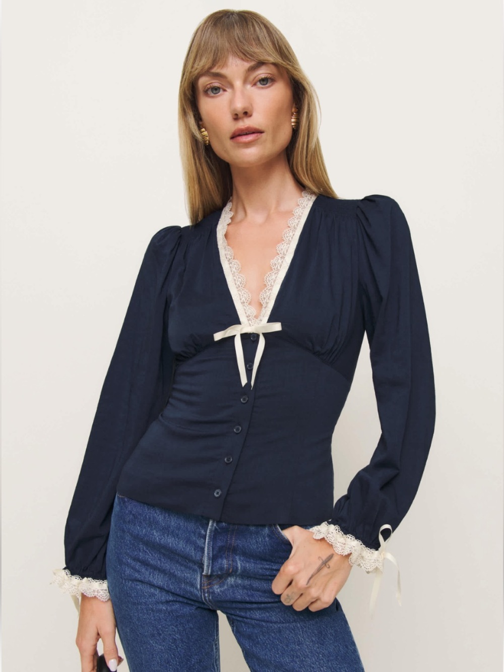 Reformation Navy Blue Lace-Trim Puff Sleeve Blouse